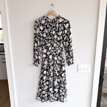 Load image into Gallery viewer, J. Crew Ruffle-Neck Peasant Floral Print Midi Dress Black White 0