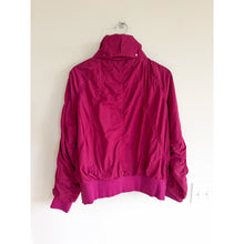 Load image into Gallery viewer, Athleta Jetset Zip Up Mock Neck Hooded Bomber Jacket Wildberry L NWT
