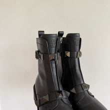 Load image into Gallery viewer, Valentino Garavani Rockstud Buckle Leather Slip-On Zipper Combat Boots Black NEW