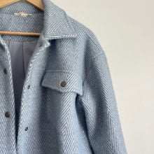 Load image into Gallery viewer, Mystree Fuzzy Soft Button Front Herringbone Shacket Blue S