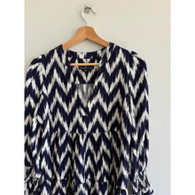 Load image into Gallery viewer, Pomander Place Kenzo Ikat Pattern V-Neck Ruffles Sleeve Mini Dress Blue XS