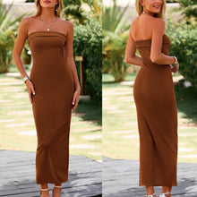 Load image into Gallery viewer, Prettygarden Strapless Ribbed Side Slit Bodycon Maxi Dress Brown S NWT