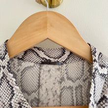 Load image into Gallery viewer, Elie Tahari Silk Terri Snake Print Pleated Button Up Shirt Gray M