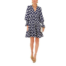 Load image into Gallery viewer, Pomander Place Kenzo Ikat Pattern V-Neck Ruffles Sleeve Mini Dress Blue XS
