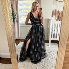 Load image into Gallery viewer, BASIX Black Label V-Neck Fit Flare Tulle Gown Black Silver