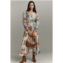 Load image into Gallery viewer, Anthropologie Somerset Floral Patchwork Long Sleeve Chiffon Maxi Dress Blue M
