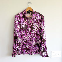Load image into Gallery viewer, ESCADA Neiman Marcus Silk Floral Print Button Down Shoulder Pad Shirt Purple 34