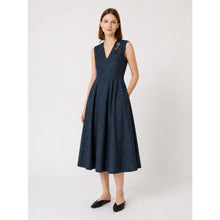 Load image into Gallery viewer, 'S Max Mara Lauren Flared Jacquard Sleeveless Dress Midnight Blue 12 NWT