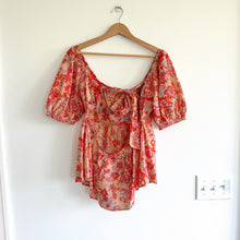 Load image into Gallery viewer, THML Floral Print Tie Open Back Puff Sleeve Peplum Blouse Orange Pink L