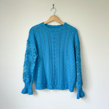 Load image into Gallery viewer, Filly Flair Lace Bell Sleeve Crew Neck Pullover Sweater Blue S