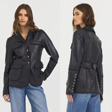 Load image into Gallery viewer, Jakett Meryl Vintage Leather Jacket Snap Front Fringe Seam Midnight L NWT