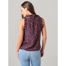 Load image into Gallery viewer, FRAME Silk Floral Pattern Ruffles Trim Mock Neck Sleeveless Top Black Red S