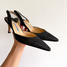 Load image into Gallery viewer, Manolo Blahnik Carolyne Glitter Pointed Toe Slingback Heels Black 8.5