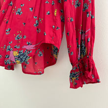 Load image into Gallery viewer, Anthropologie Maeve Fredericka Bird Floral Print Ruffle Button Up Shirt Red 0