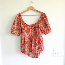 Load image into Gallery viewer, THML Floral Print Tie Open Back Puff Sleeve Peplum Blouse Orange Pink L