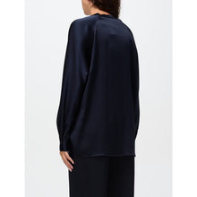 Load image into Gallery viewer, Vince Silk Satin V-Neck Long Sleeve Blouse Navy Blue M
