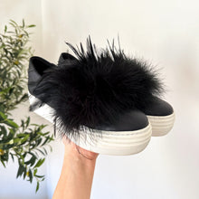 Load image into Gallery viewer, Here/Now Lily Feather Pom Leather Slip On Platform Sneaker Black 8.5