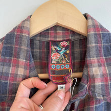Load image into Gallery viewer, Johnny Was Silk Blend Plaid Floral Button Front Shirt Dress Blue/Red M