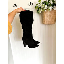 Load image into Gallery viewer, Express Faux Suede Pointed Toe High Heel Boots Black 7
