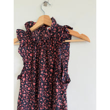 Load image into Gallery viewer, FRAME Silk Floral Pattern Ruffles Trim Mock Neck Sleeveless Top Black Red S
