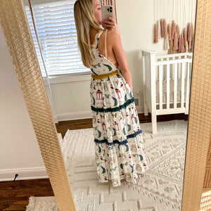 Verandah Chhatri Print Tiered Sleeveless Plunge Neck Maxi Dress White XS