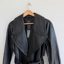 Load image into Gallery viewer, Express Faux Leather Belted Mid Length Trench Coat Black M NWT
