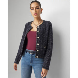 White House Black Market Glam Tweed Cropped Stylist Jacket Blue Gold XS