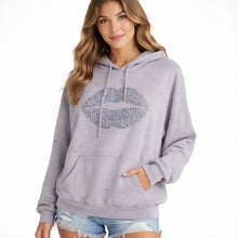 Load image into Gallery viewer, Lauren Moshi Lip Diamond Embellished Distressed Hoodie Sweatshirt Purple L
