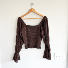 Load image into Gallery viewer, Anthropologie Bishop Smocked Metallic Shimmer Bell Sleeve Cropped Blouse Brown M
