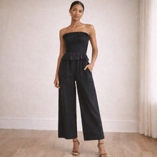 Load image into Gallery viewer, GILLI Strapless Cotton Smocked Bodice Wide Leg Jumpsuit Black M
