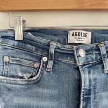 Load image into Gallery viewer, AGOLDE Sophie Skinny Distressed High Rise Medium Wash Jeans Blue 26
