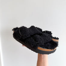 Load image into Gallery viewer, Birkenstock Papillio Arizona Big Buckle Shearling Slide Sandals Black 9 NWOT
