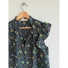 Load image into Gallery viewer, Tory Burch Floral Pattern Cap Sleeve Crew Neck Blouse Blue 2
