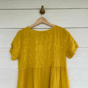 Terzo Millennio Linen Embroidered Short Sleeve Shift Mini Dress Yellow S