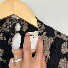 Load image into Gallery viewer, Mystree Smocked Floral Blouse Black Tan M NWT
