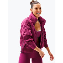 Load image into Gallery viewer, Athleta Jetset Zip Up Mock Neck Hooded Bomber Jacket Wildberry L NWT

