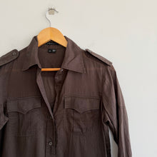 Load image into Gallery viewer, Theory Cotton Pocket Utility Button Front 3/4 Sleeve Top Olive Brown S
