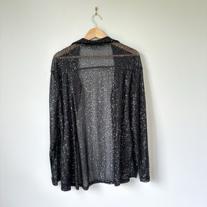 Porter Collective Sequins Townes Sheer Button Front Long Sleeve Blouse Black L