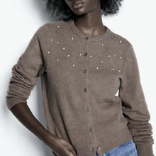 Load image into Gallery viewer, H&amp;M Studded Embellished Button Front Cardigan Dark Beige M NWT
