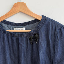 Load image into Gallery viewer, 'S Max Mara Chambray Puff Sleeve Beaded Brooch Mini Dress Denim Blue 12
