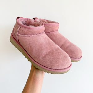 UGG Classic Ultra Mini Sheepskin Suede Slip On Ankle Boots Pink 9