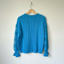 Load image into Gallery viewer, Filly Flair Lace Bell Sleeve Crew Neck Pullover Sweater Blue S
