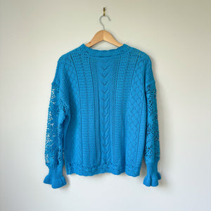 Filly Flair Lace Bell Sleeve Crew Neck Pullover Sweater Blue S