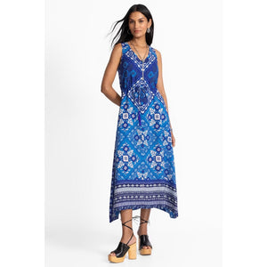 Johnny Was Drawstring Tank Linen Floral Patchwork Midi Tank Dress Blue M