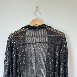 Porter Collective Sequins Townes Sheer Button Front Long Sleeve Blouse Black L