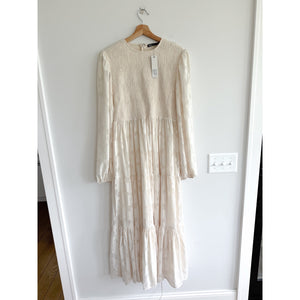 INA Floral Pattern Long Sleeve Smocked Tiered Maxi Dress Cream M NWT