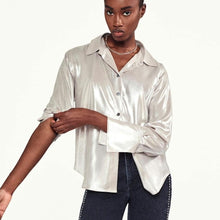 Load image into Gallery viewer, FRAME The Standard Shirt Metallic Long Sleeve Button Up Shirt Silver Lame L NWT
