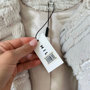 MILLY Sequin Fur Open-Front Long Sleeve Jacket Beige L NWT