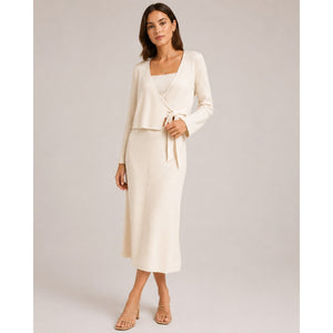 Luca + Grae Ribbed Knit Wrap Long Sleeve Crop Top & Skirt Set Cream L NWT