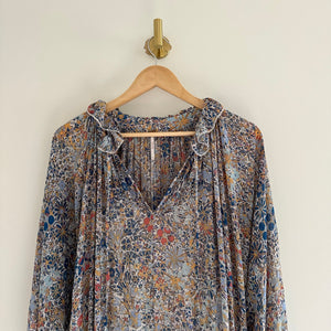 Free People Feeling Groovy Tiered Bell Sleeve Floral Casual Maxi Dress Blue S